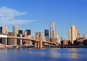 Brooklyn Bridge With Lower Manhattan Skyline Panorama Morning With Cloud Blue Sky East River New York City